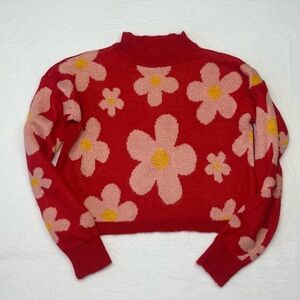 Derek Heart Red Floral Mock Turtleneck Cropped Sweater Size Small